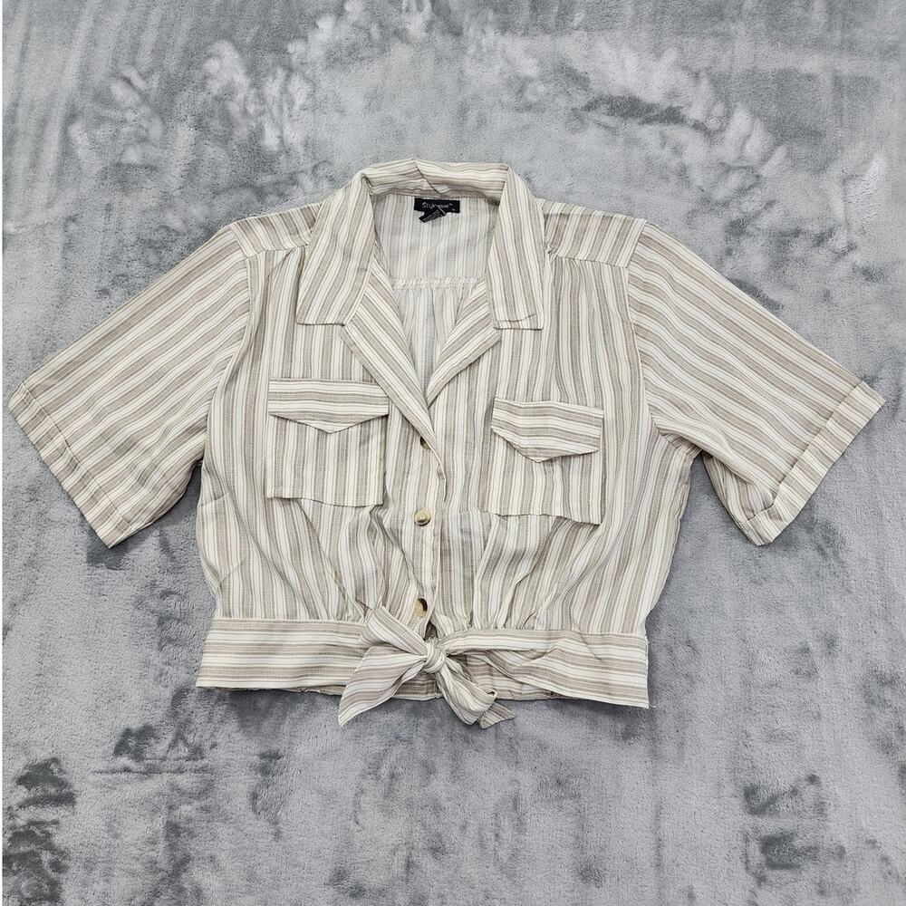 Style House Top Women XL Tan Cream Striped Short Sleeve‎ Button Down Crop Safari